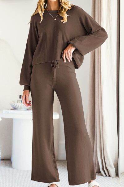 Round Neck Long Sleeve Top and Pants Set Brown for a perfect OOTD – dress to impress outfits from Amexza