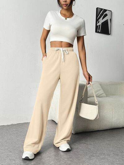 Drawstring Wide Leg Pants with Pockets Tan for a perfect OOTD – dress to impress outfits from Amexza