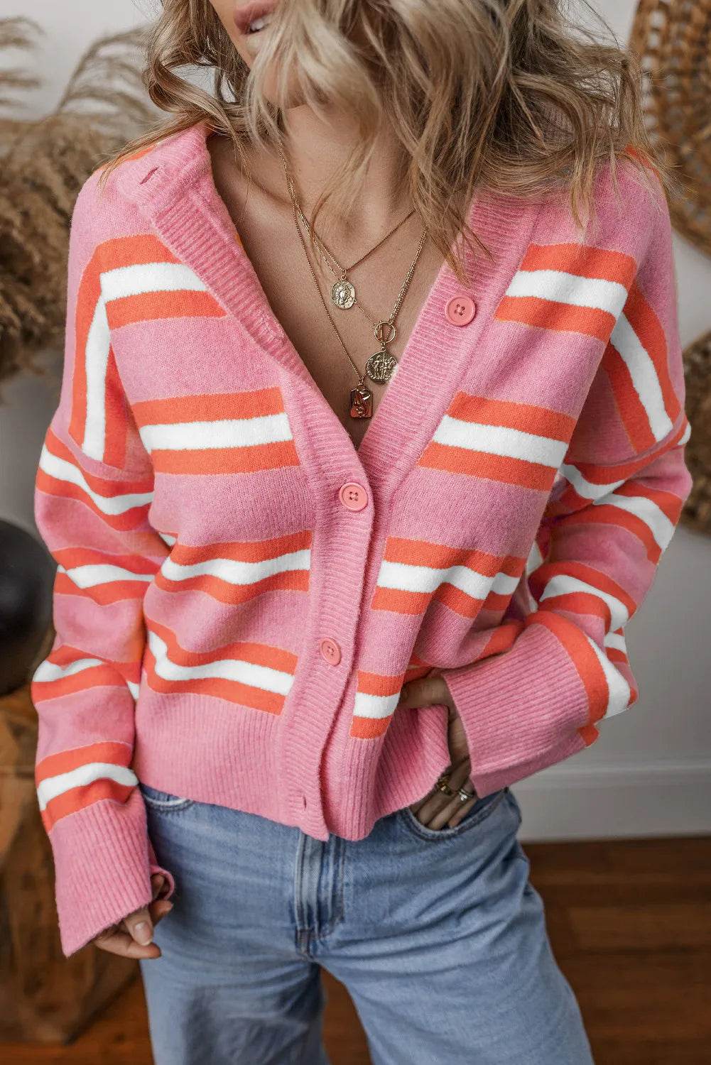 Striped Button Up Long Sleeve Cardigan - Amexza