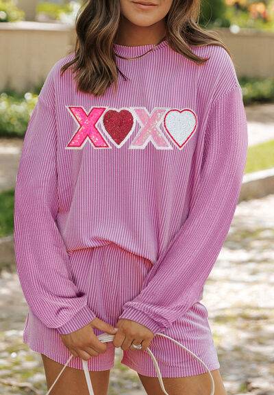 Valentine’s Day XOXO Heart Sequin Corded Long Sleeve Top and Shorts Set Pink for a perfect OOTD – dress to impress outfits from Amexza