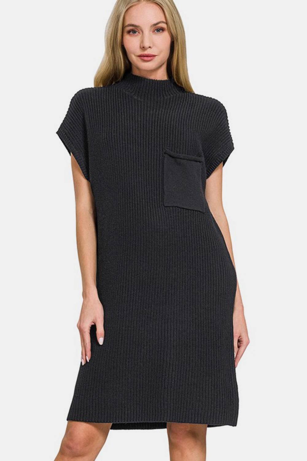 Zenana Mock Neck Short Sleeve Sweater Dress Black for a perfect OOTD – dress to impress outfits from Amexza