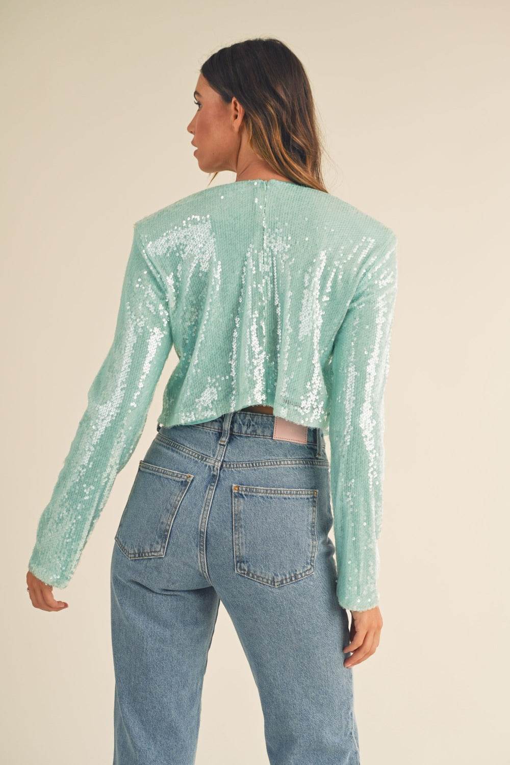 MABLE Shoulder Padded Sequin Crop Top - Amexza