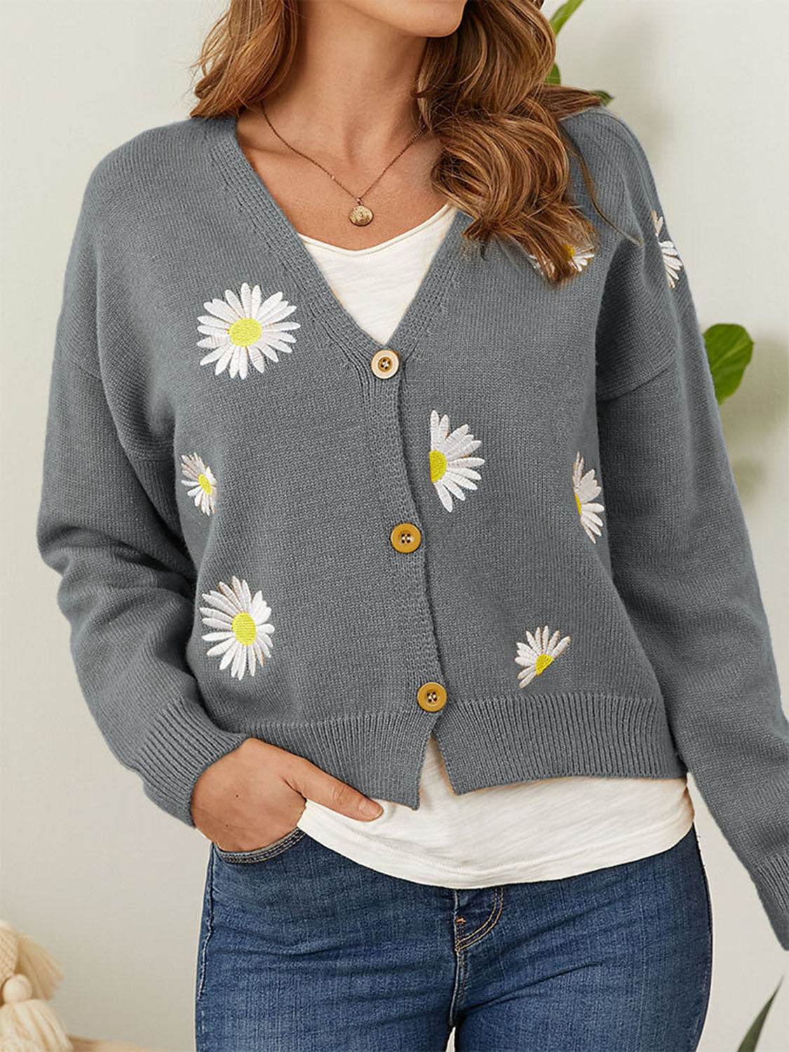 Flower Button Front Dropped Shoulder Cardigan Cloudy Blue for a perfect OOTD – dress to impress outfits from Amexza