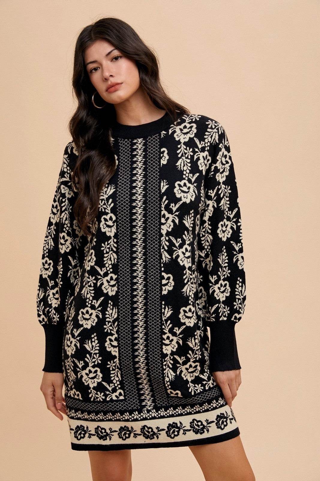 Annie Wear Floral Jacquard Round Neck Sweater Dress Black Oatmeal for a perfect OOTD – dress to impress outfits from Amexza