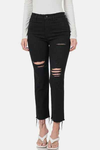 Zenana Distressed Raw Hem Cropped Jeans Black for a perfect OOTD – dress to impress outfits from Amexza