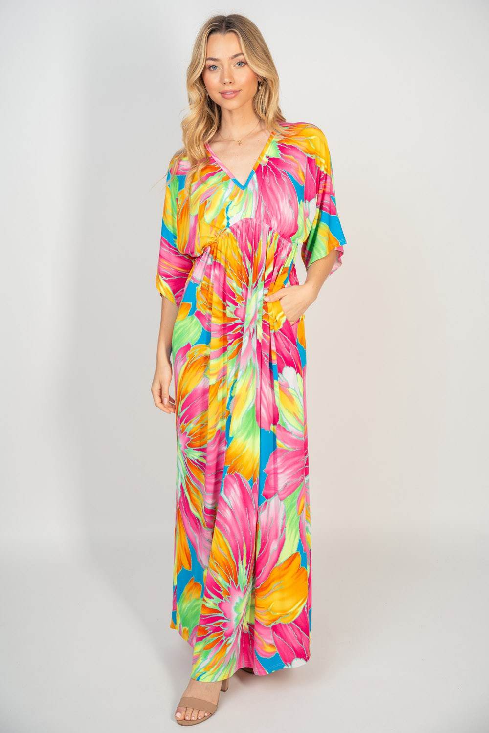 White Birch Printed V-Neck Maxi Dress with Pockets Multi for a perfect OOTD – dress to impress outfits from Amexza