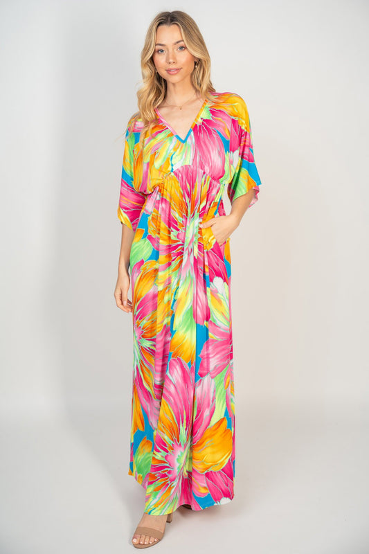 White Birch Printed V-Neck Maxi Dress with Pockets - Multi / S