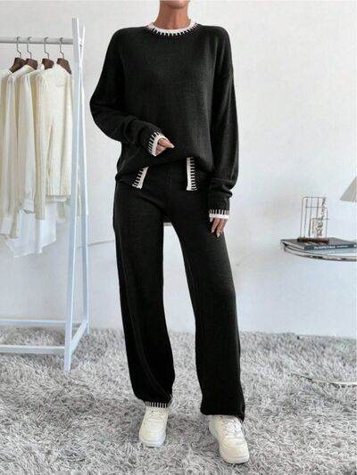 Side Slit Contrast Trim Round Neck Top and Pants Sweater Set for a perfect OOTD – dress to impress outfits from Amexza