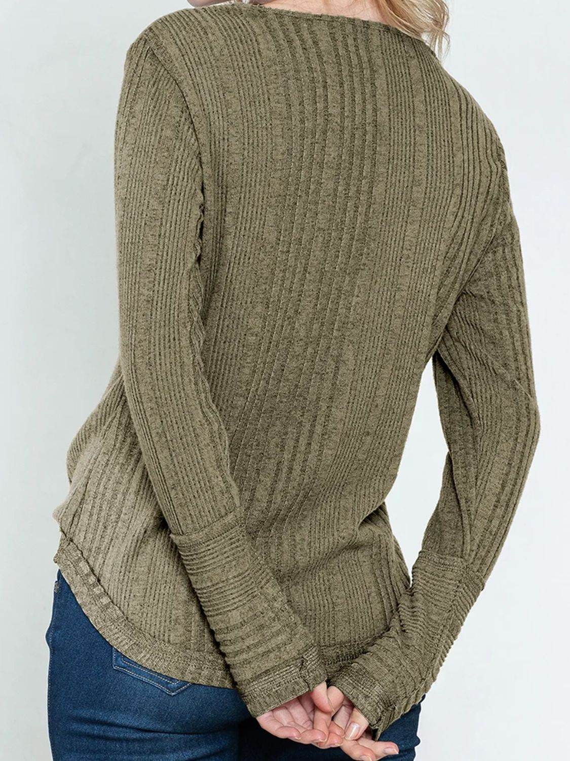 Textured V-Neck Long Sleeve T-Shirt - Amexza