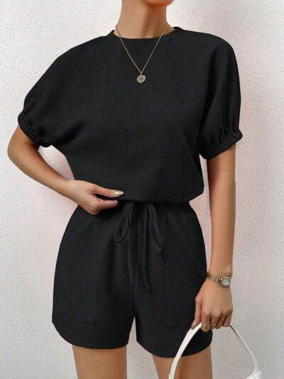 Waffle-Knit Round Neck T-Shirt and Pocketed Shorts Lounge Set Black for a perfect OOTD – dress to impress outfits from Amexza