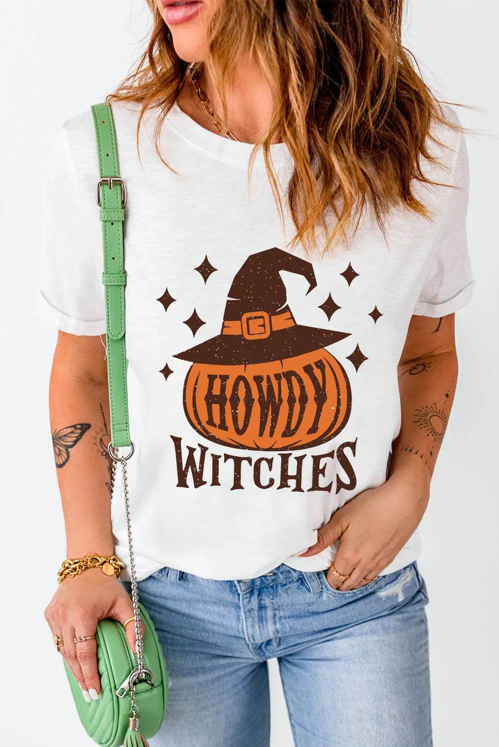 HOWDY WITCHES Round Neck Short Sleeve T-Shirt for a perfect OOTD – dress to impress outfits from Amexza