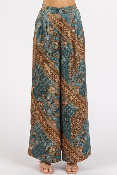 Mittoshop Paisley Patchwork Print Satin Wide Leg Pants Teal Green for a perfect OOTD – dress to impress outfits from Amexza