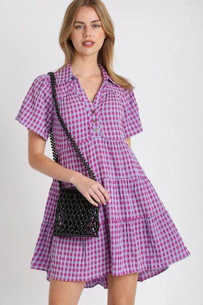 Umgee Full Size Gingham Tiered Button Detail Short Sleeve Dress Plus Size Red-Violet for a perfect OOTD – dress to impress outfits from Amexza