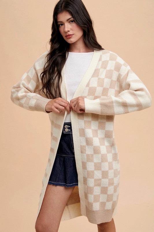 Annie Wear Checkered & Striped Open Front Long Sleeve Cardigan for a perfect OOTD – dress to impress outfits from Amexza