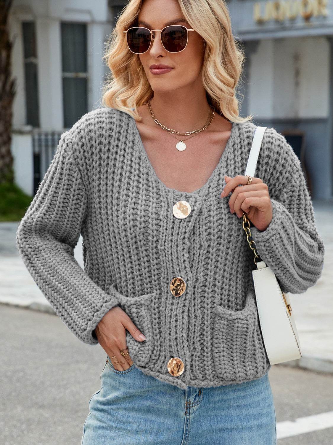 Round Neck Button Up Cardigan with Pockets - Amexza