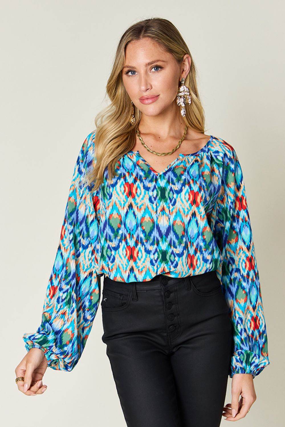 Double Take Full Size Printed Balloon Sleeve Blouse for a perfect OOTD – dress to impress outfits from Amexza