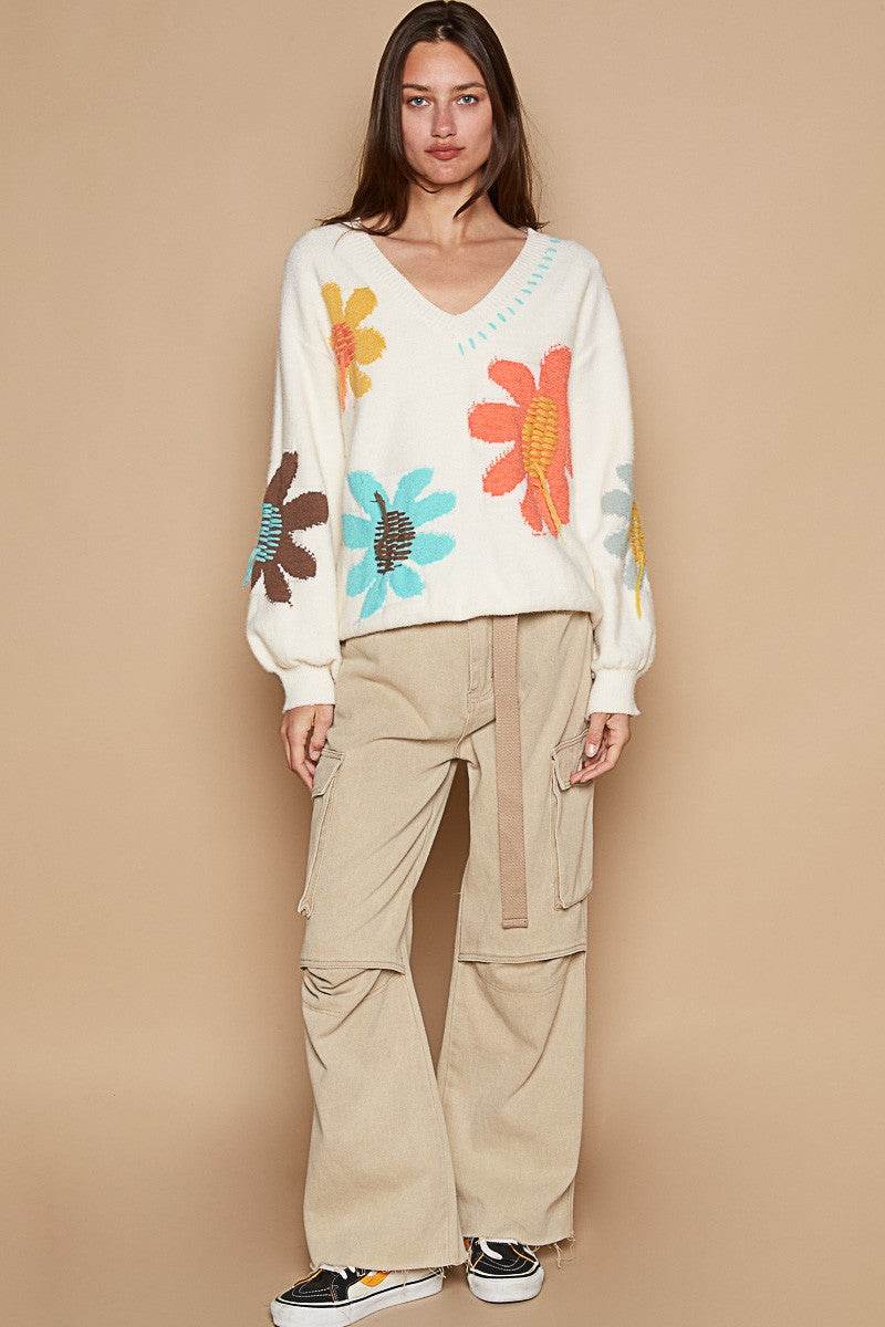 POL V-Neck Long Sleeve Flower Fringe Sweater - Amexza