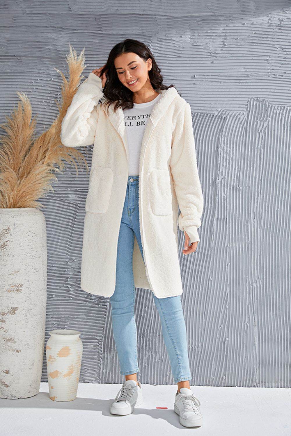 Double Take Full Size Hooded Teddy Bear Jacket with Thumbholes for a perfect OOTD – dress to impress outfits from Amexza