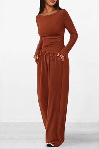 Round Neck Long Sleeve Top and Pants Set - Amexza