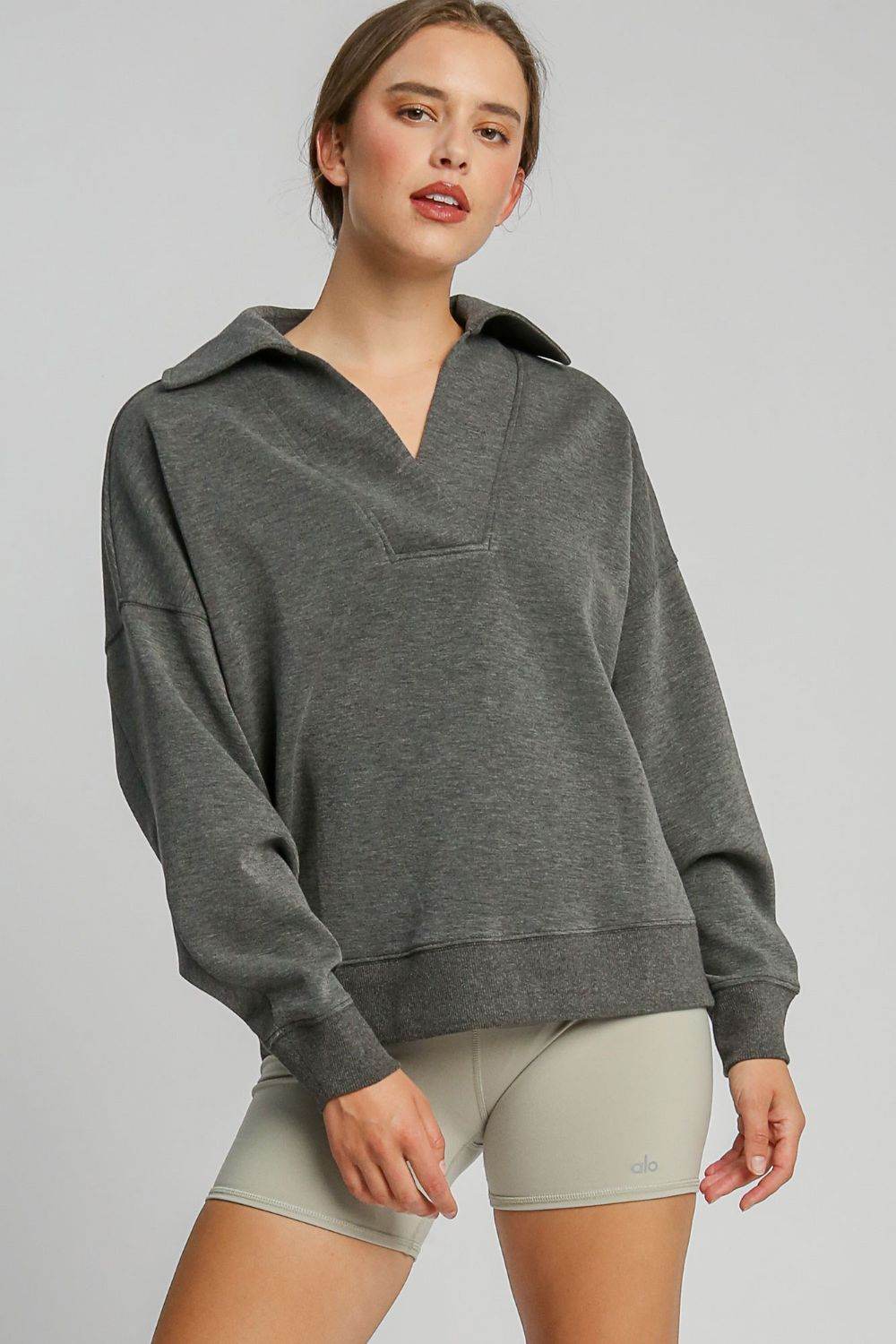 Umgee Johnny Collar Dropped Shoulder Sweatshirt Charcoal for a perfect OOTD – dress to impress outfits from Amexza