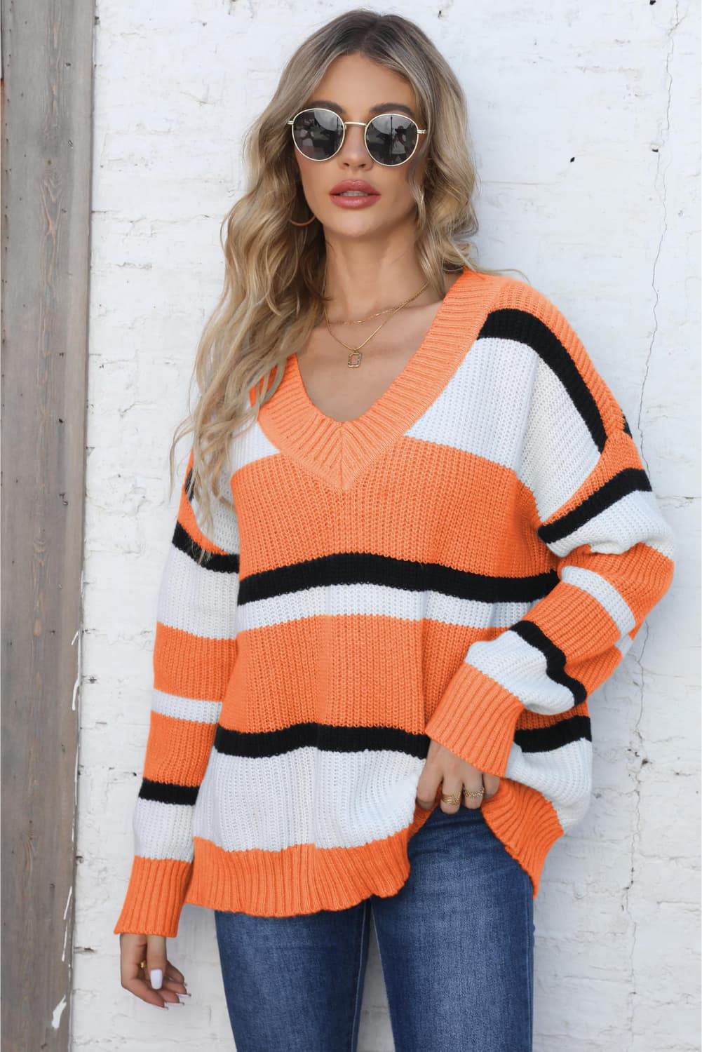 Color Block V-Neck Dropped Shoulder Sweater Tangerine One Size for a perfect OOTD – dress to impress outfits from Amexza