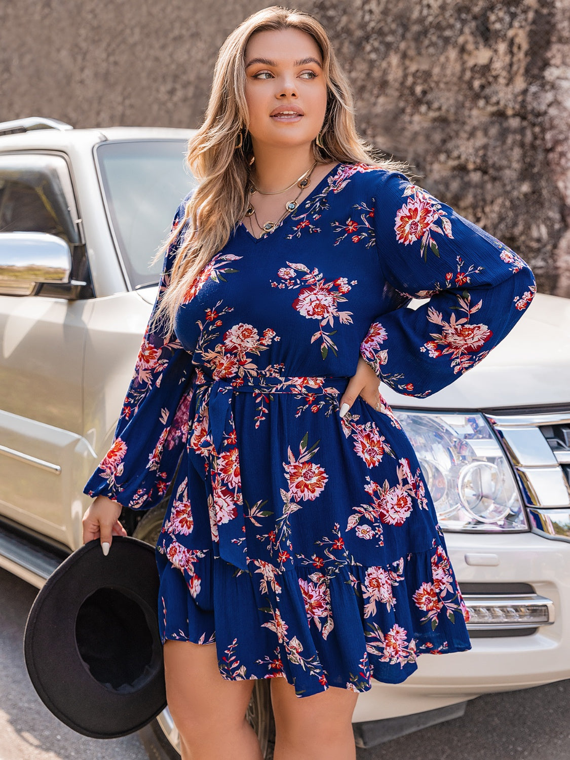 Plus Size V-Neck Long Sleeve Dress