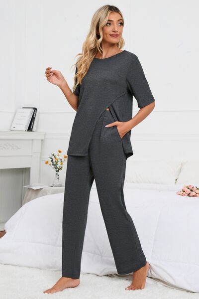 Slit Round Neck Top and Pants Lounge Set for a perfect OOTD – dress to impress outfits from Amexza