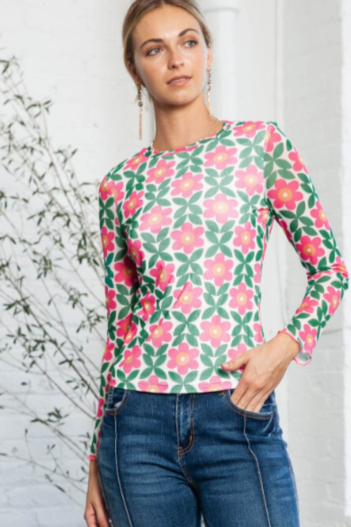 Floral Round Neck Long Sleeve Top - Amexza