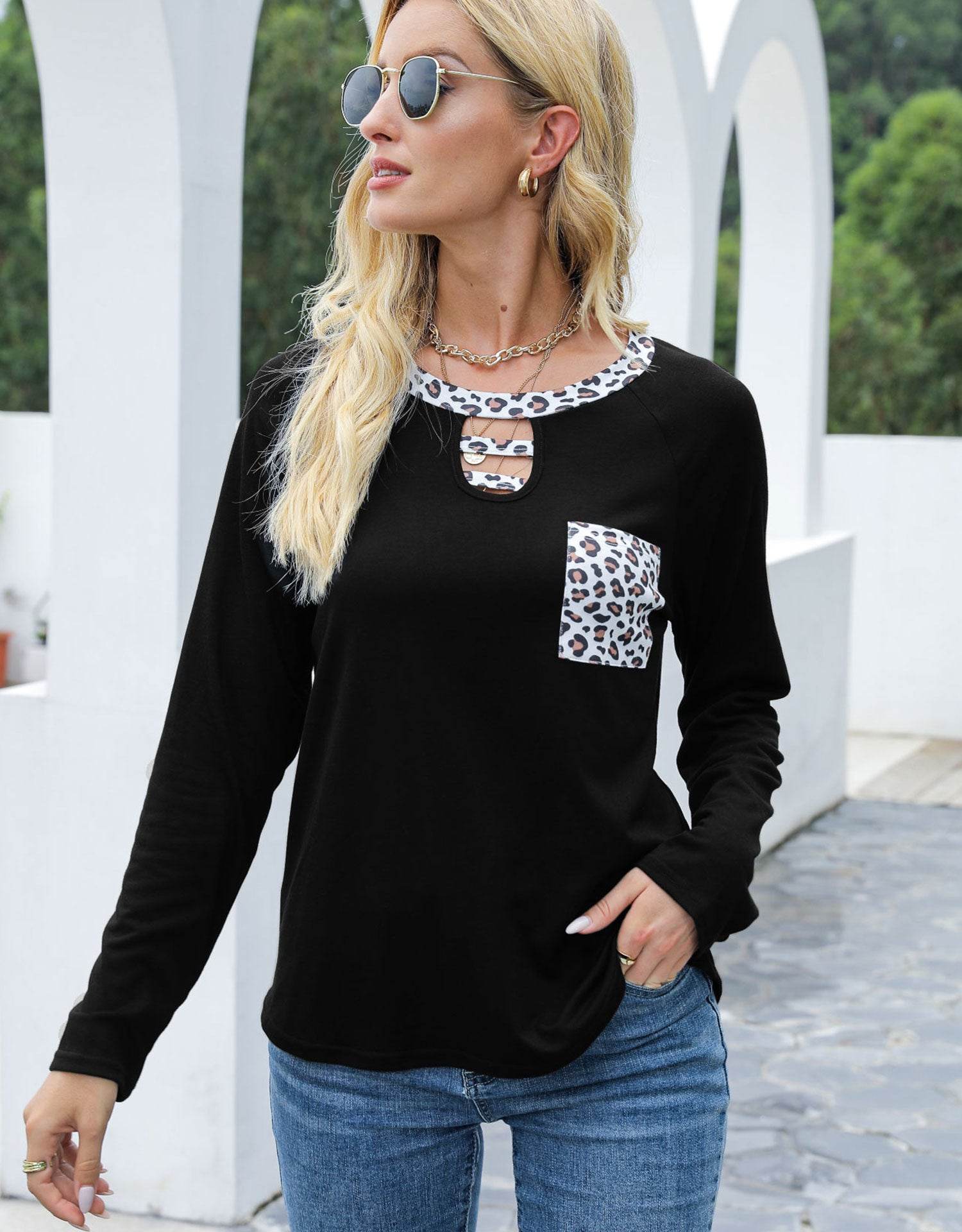 Cutout Leopard Round Neck Long Sleeve T-Shirt for a perfect OOTD – dress to impress outfits from Amexza