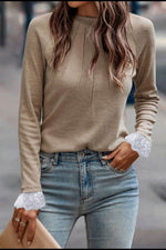 Lace Detail Round Neck Long Sleeve T-Shirt - Amexza