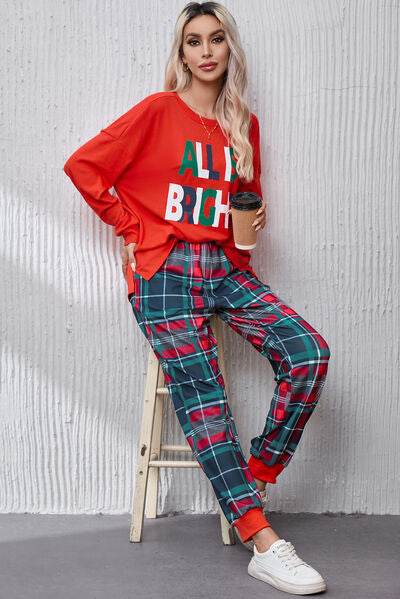 ALL IS BRIGHT Round Neck Top and Plaid Pants Lounge Set for a perfect OOTD – dress to impress outfits from Amexza