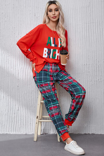 ALL IS BRIGHT Round Neck Top and Plaid Pants Lounge Set for a perfect OOTD – dress to impress outfits from Amexza