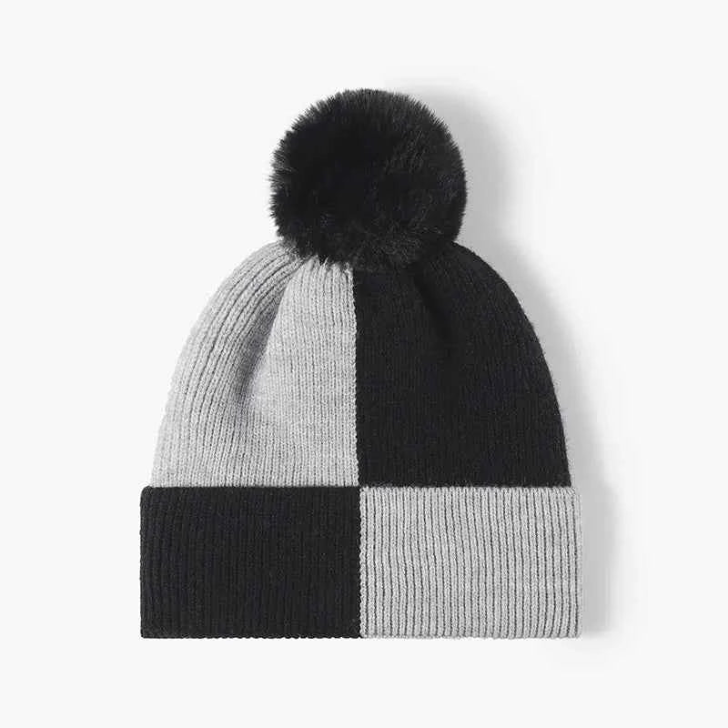 Color Block Knit Hat with Pom-pom Black One Size for a perfect OOTD – dress to impress outfits from Amexza
