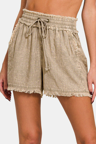 Zenana Washed Linen Frayed Hem Drawstring Shorts for a perfect OOTD – dress to impress outfits from Amexza