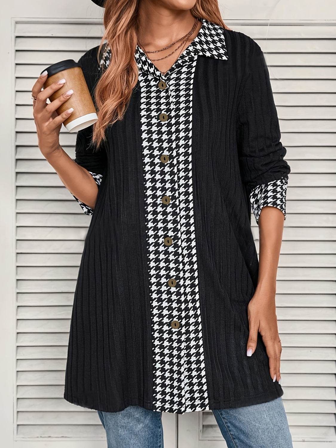 Houndstooth Button Up Long Sleeve Cardigan for a perfect OOTD – dress to impress outfits from Amexza