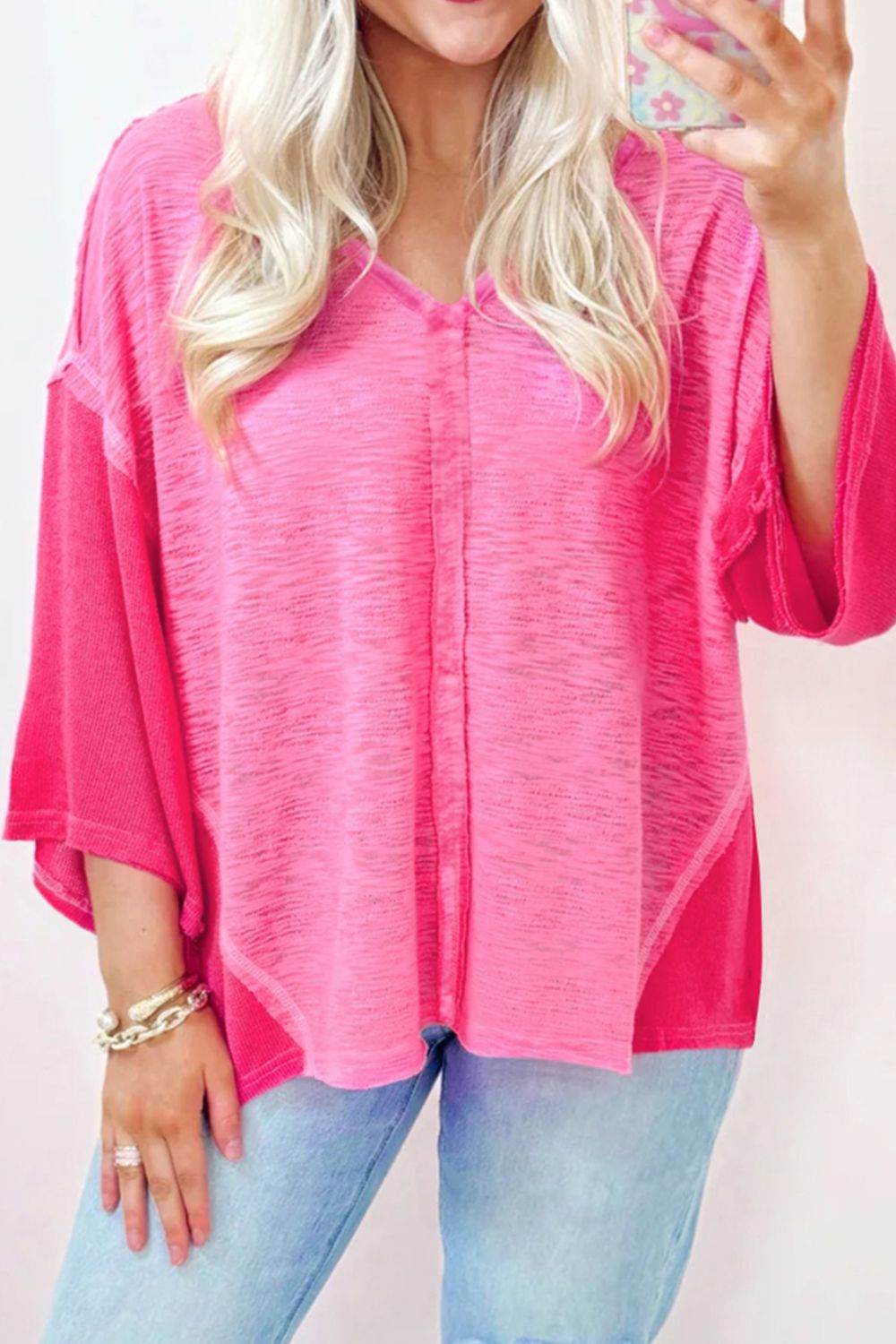 Exposed Seam V-Neck Three-Quarter Sleeve Blouse Hot Pink for a perfect OOTD – dress to impress outfits from Amexza