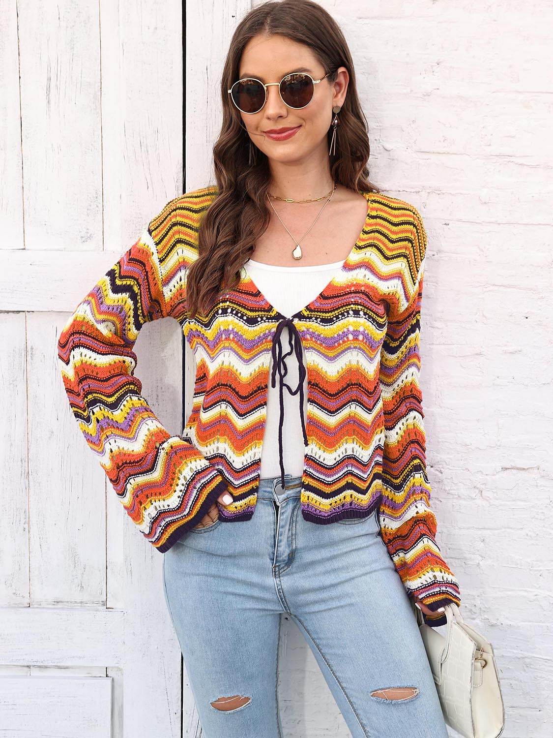 Striped Openwork Tied Cardigan - Amexza