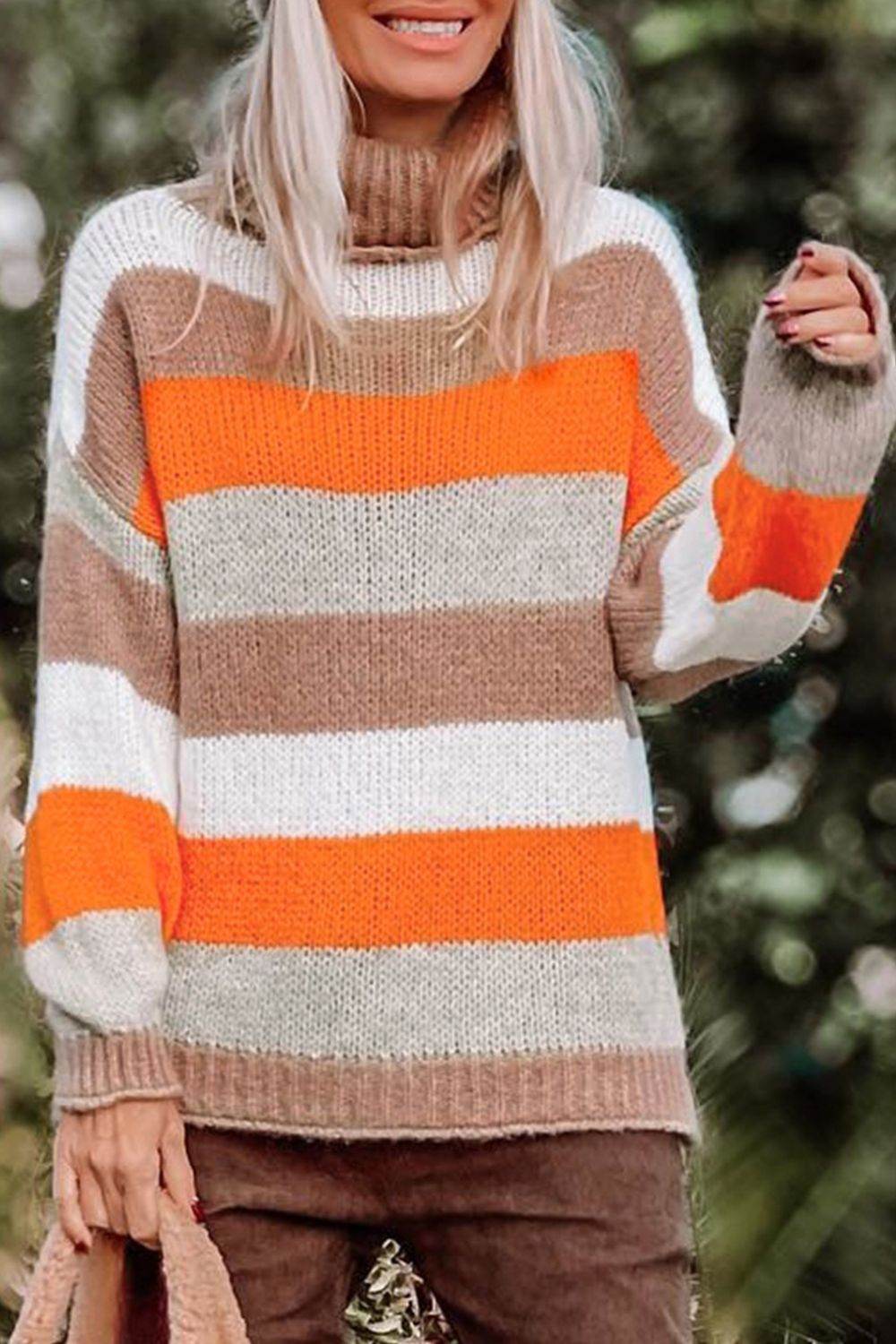 Color Block Drop Shoulder Turtleneck Sweater - Amexza