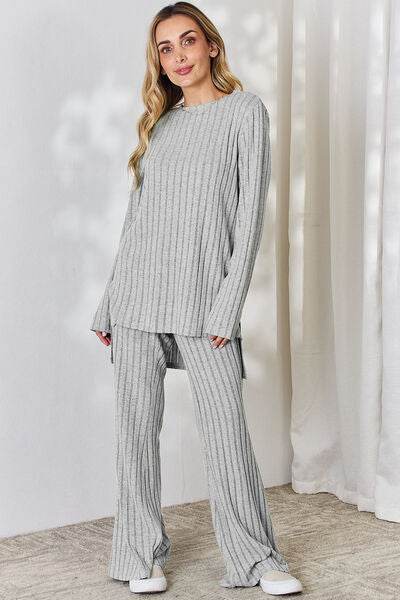 Basic Bae Full Size Ribbed High-Low Top and Wide Leg Pants Set Light Gray for a perfect OOTD – dress to impress outfits from Amexza