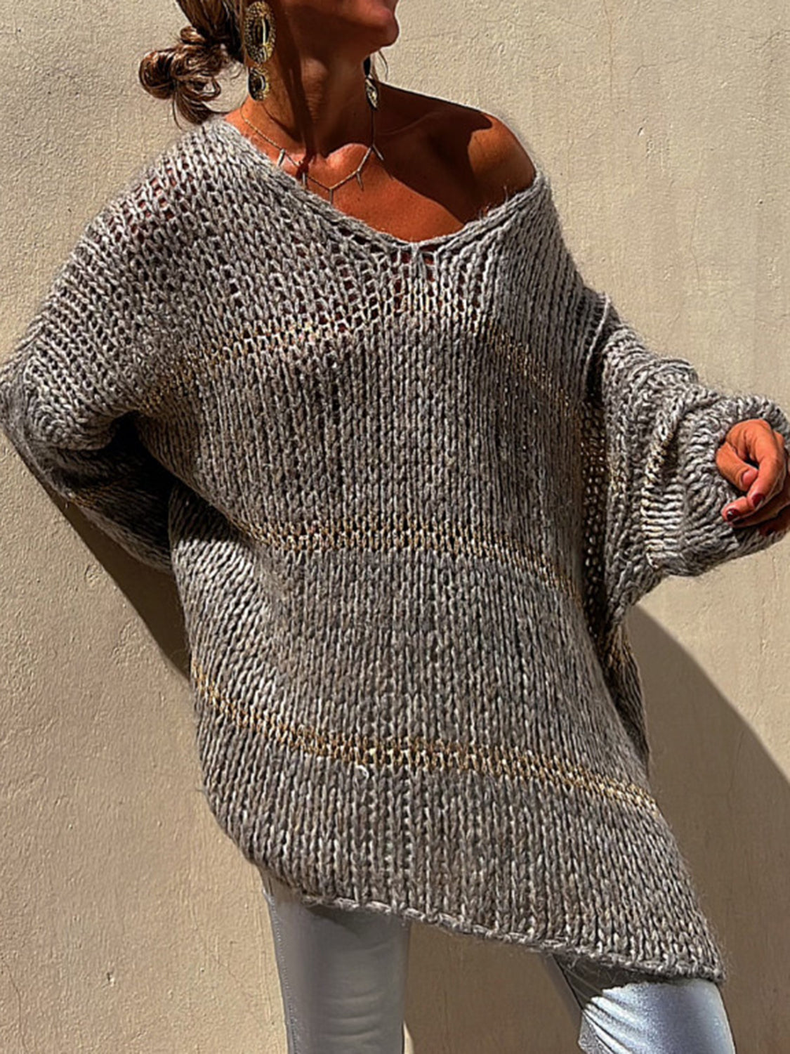 Openwork V-Neck Long Sleeve Sweater for a perfect OOTD – dress to impress outfits from Amexza