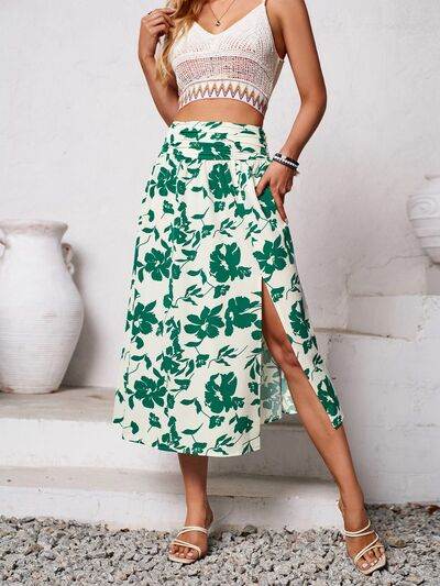 Slit Printed Midi Skirt Green for a perfect OOTD – dress to impress outfits from Amexza