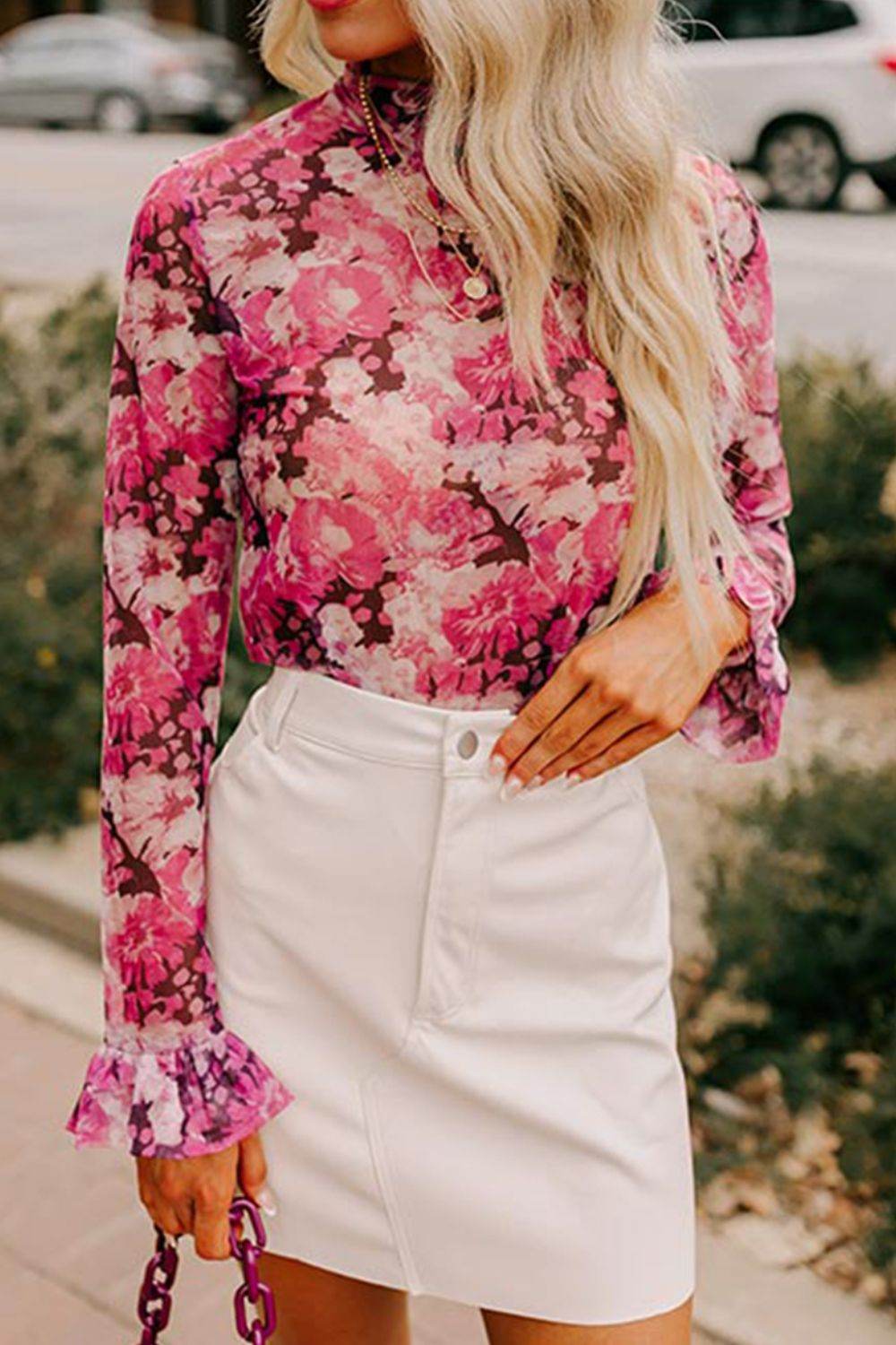 Floral Turtleneck Flounce Sleeve Blouse for a perfect OOTD – dress to impress outfits from Amexza