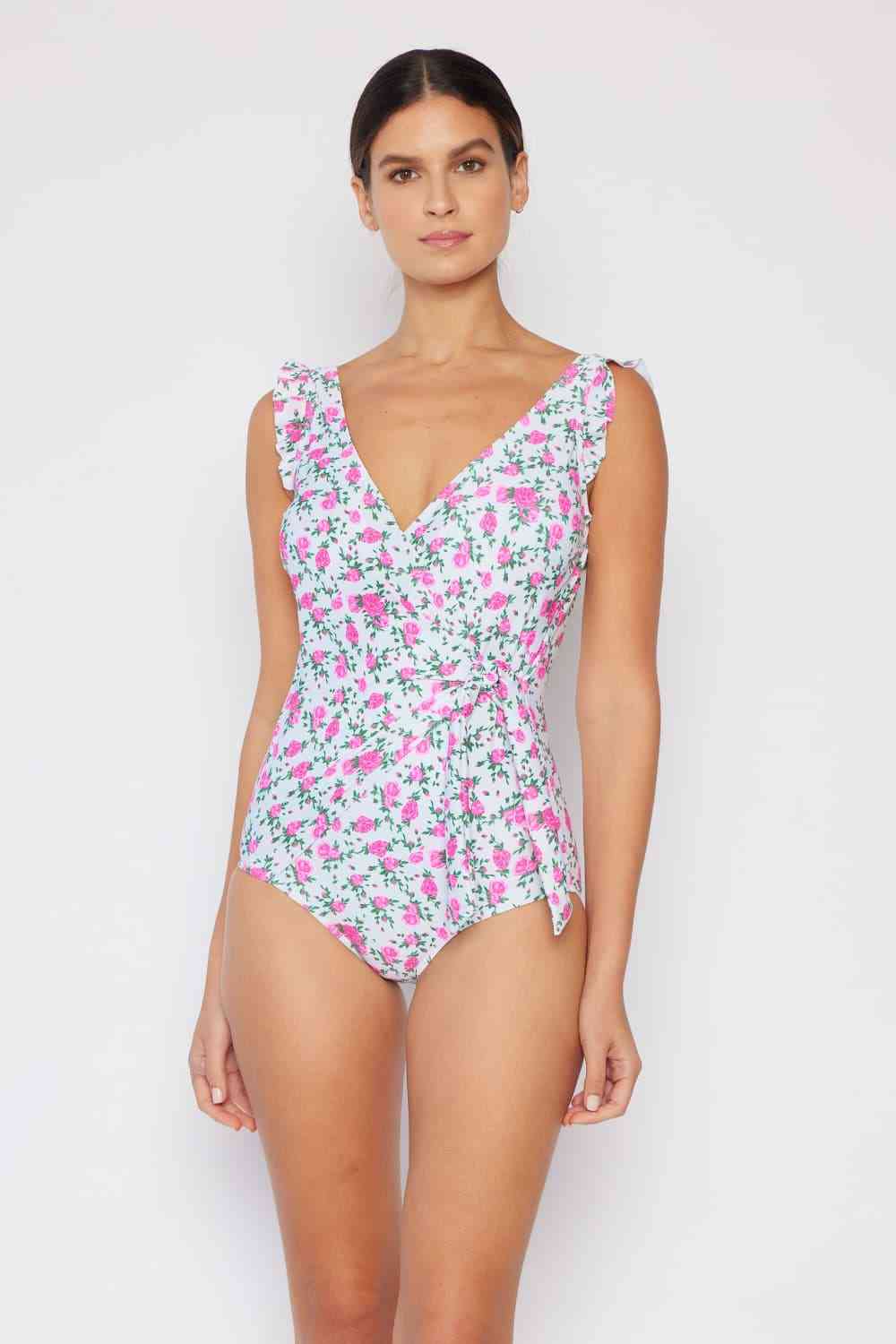 Marina West Swim Full Size Float On Ruffle Faux Wrap One-Piece in Roses Off-White for a perfect OOTD – dress to impress outfits from Amexza