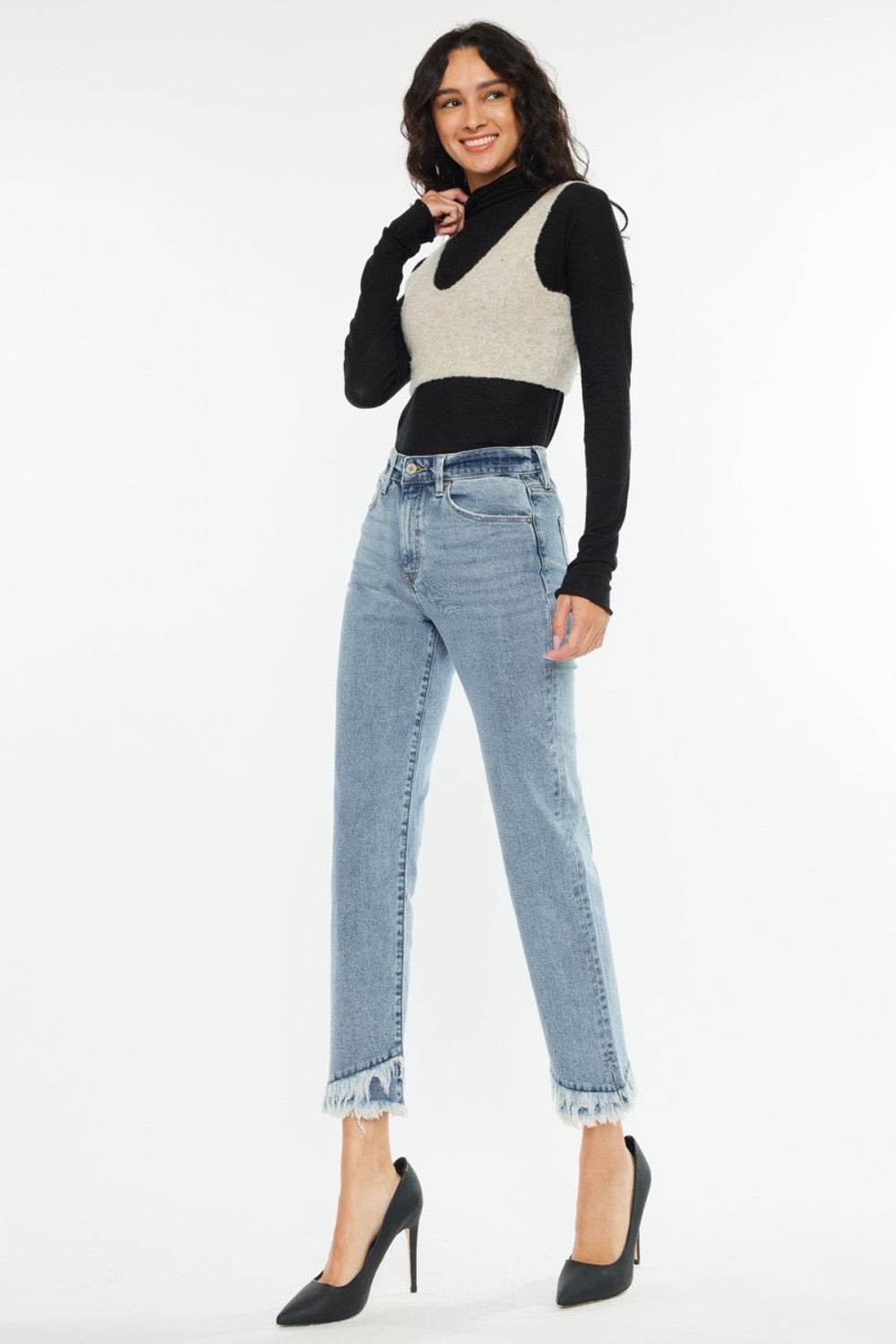 Kancan Raw Hem High Rise Straight Jeans - Amexza