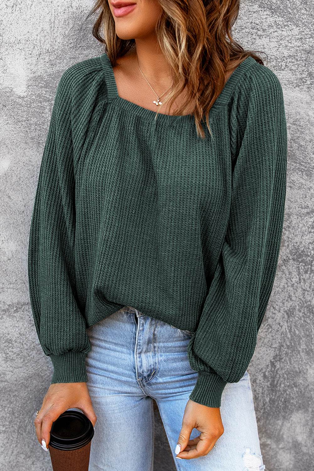 Square Neck Waffle-Knit Top - Amexza