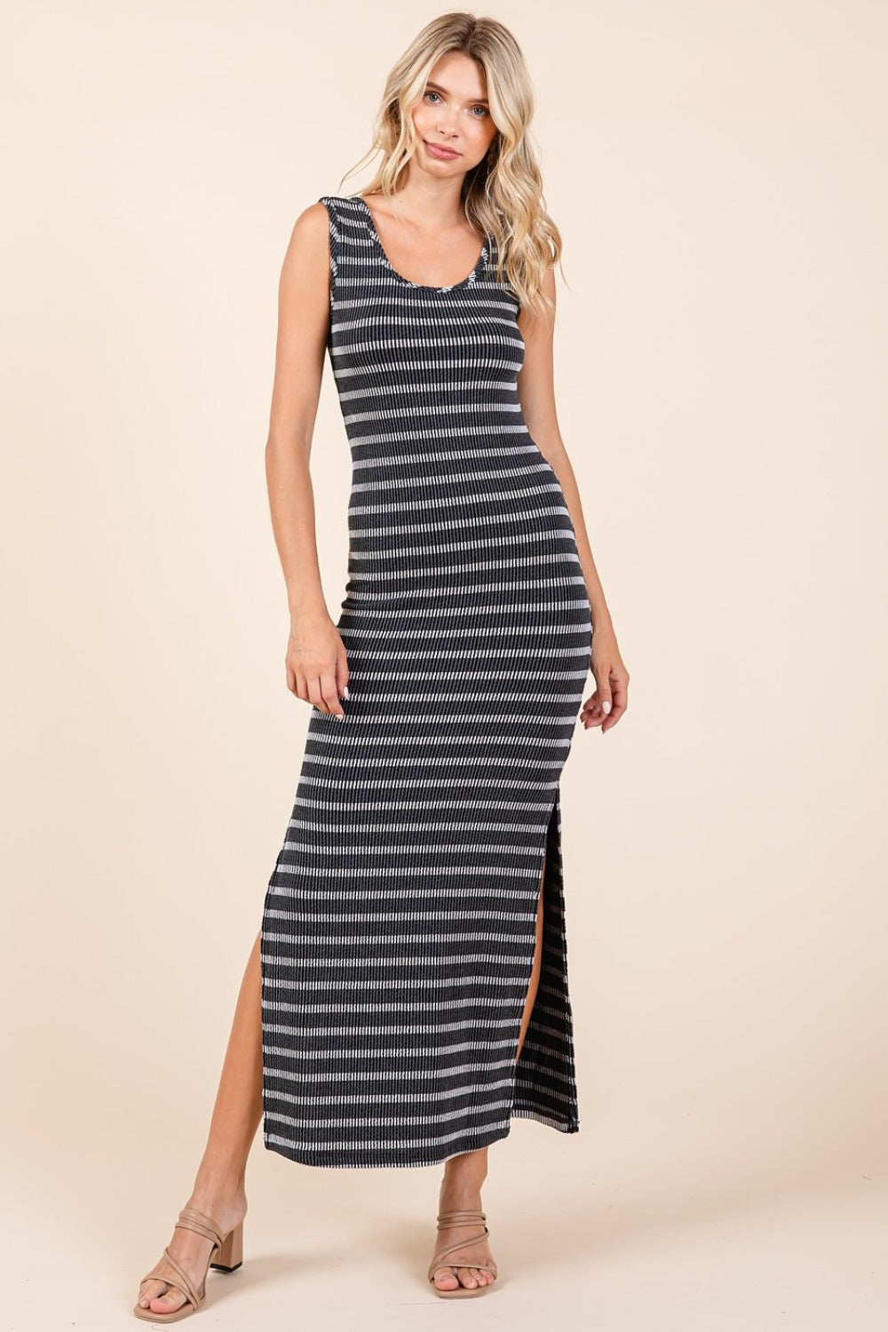 Mittoshop Striped Scoop Neck Sleeveless Maxi Dress - Black / S