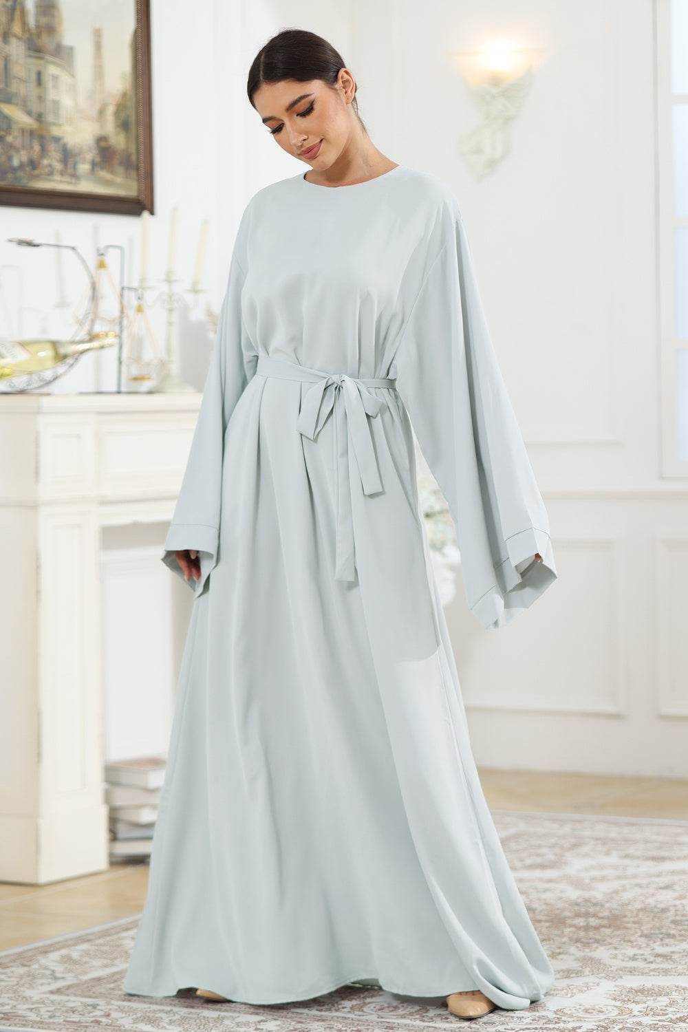 Round Neck Kimono Sleeve Tie Waist Dress Cloudy Blue for a perfect OOTD – dress to impress outfits from Amexza