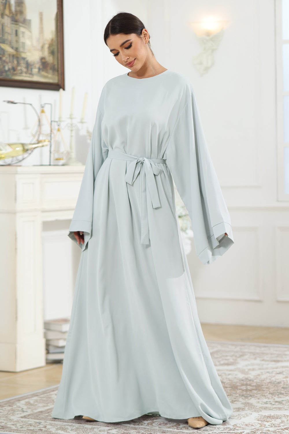 Round Neck Kimono Sleeve Tie Waist Dress - Cloudy Blue / S