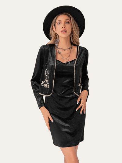 Embroidered Open Front Cardigan and Cami Dress Set for a perfect OOTD – dress to impress outfits from Amexza