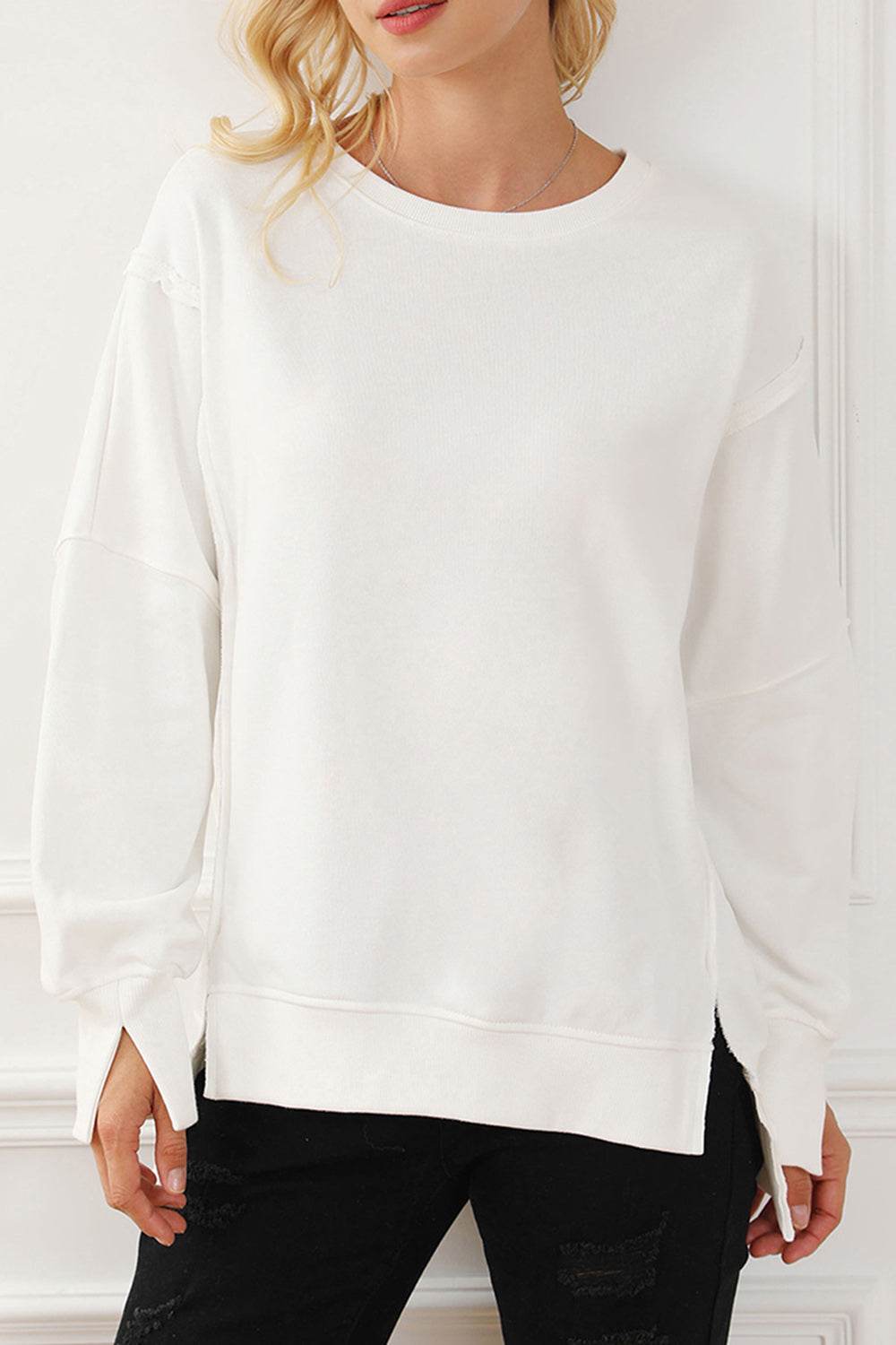 Exposed Seam High-Low Long Sleeve Sweatshirt for a perfect OOTD – dress to impress outfits from Amexza